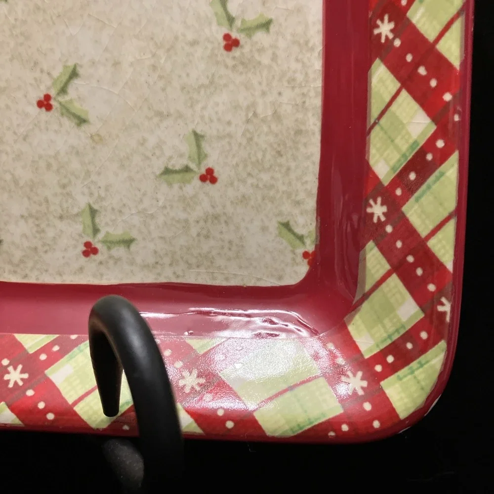 Debbie Mumm JoAnn 2008 Holly Berries Square Porcelain Serving Platter Plaid Chip